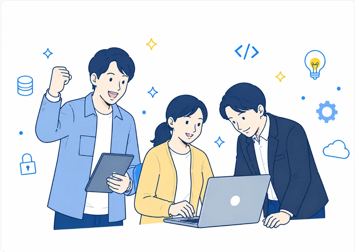 パソコンを囲み、協力して取り組む3人のイラスト